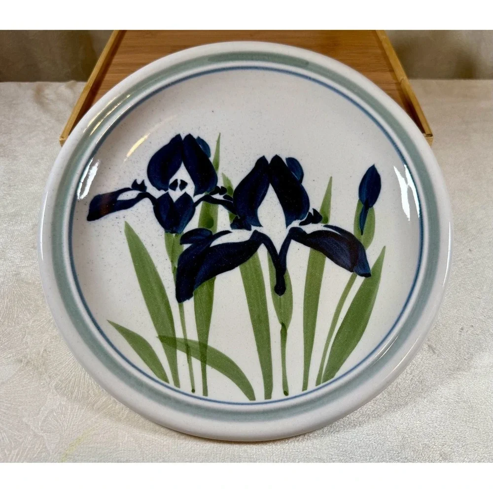 Vintage Hand Painted Stoneware Iris Floral Pattern Art Pottery Plate Signed Ward